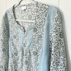 JJill Tunic Peasant Blouse Boho Mixed Media Floral Blue White Rayon Extra Large